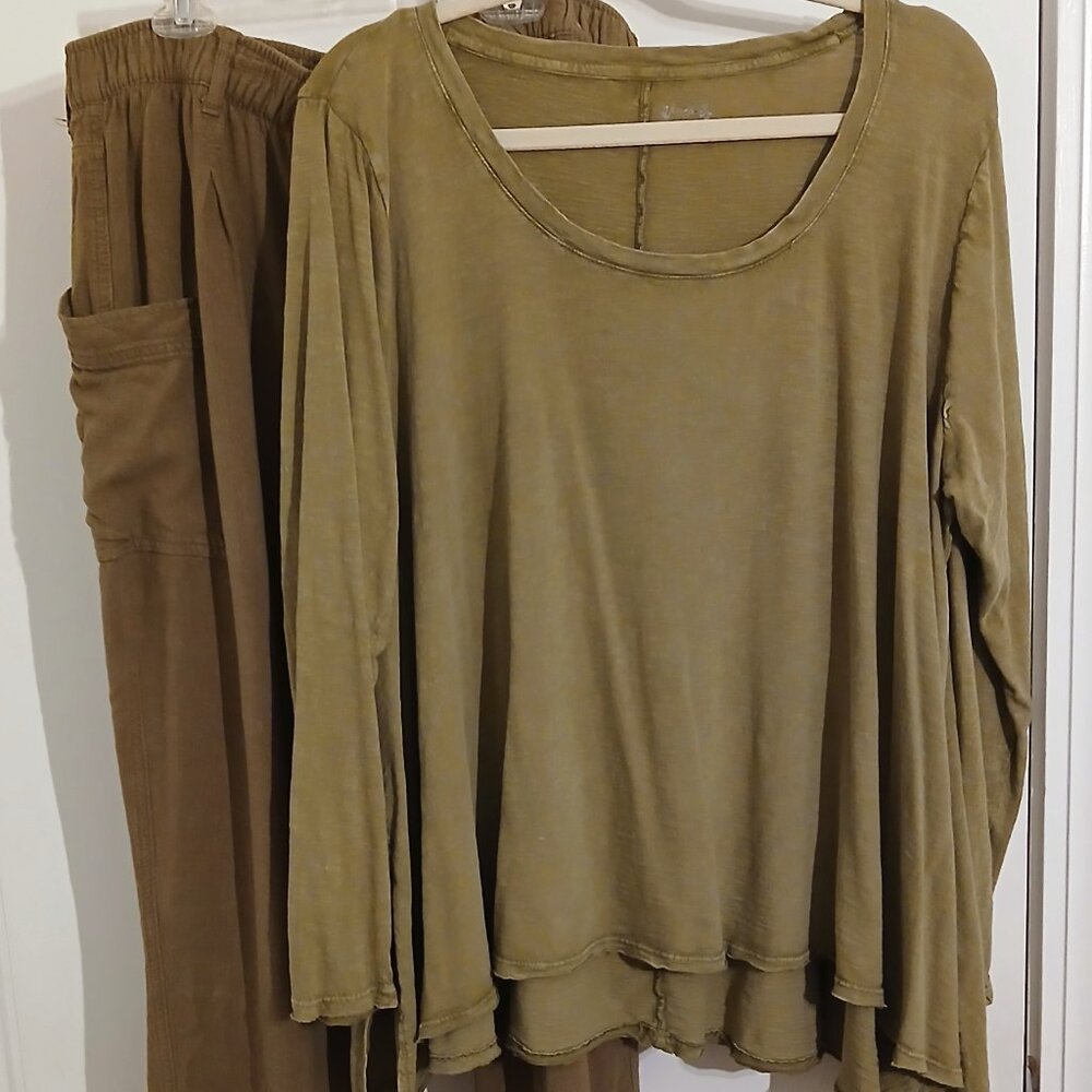 WONDERLY XXL Olive Green 100% Cotton Long Sleeve Scoop Neck Shark Bite T-Shirt